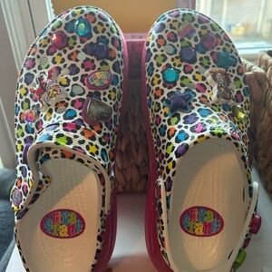 Crocs Lisa Frank Multicolor Leopard Platform Clogs with Charms